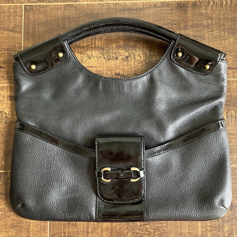 Talbots Black Pebbled Leather & Patent Shoulder Bag Tote Purse Animal Print